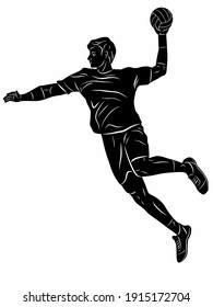 isolated illustration of handball player,  black and white vector drawing, white background 