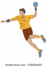 isolated illustration of handball player, colored vector drawing, white background 