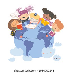 Isolated illustration with Happy kids reading Books on Globe