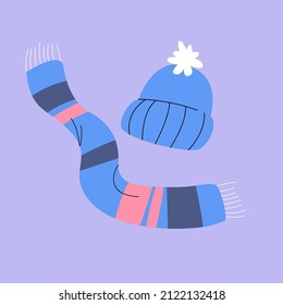 Isolated illustration of a hat with a pompom and a warm scarf. A simple minimalistic illustration in a flat style.