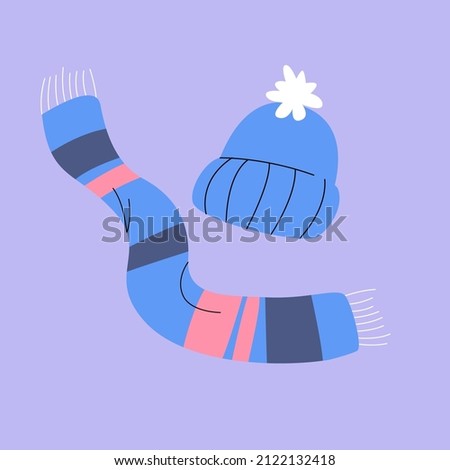 Isolated illustration of a hat with a pompom and a warm scarf. A simple minimalistic illustration in a flat style.