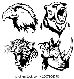 Isolated illustration of a head of an eagle, a bear, a leopard and a rhinoceros