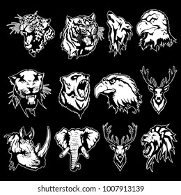 Isolated illustration of the head of an eagle, an owl, a deer, a lion, a wolf, a tiger, a panther, a leopard, a bear, a rhinoceros and an elephant
