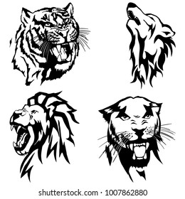 Isolated illustration of the head of a panther, a tiger, a wolf and a lion