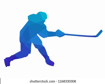 isolated illustration of ice hockey player, blue triangles drawing, white background