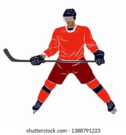 isolated illustration of ice hockey player pose, colored drawing, white background