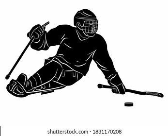 isolated illustration of an invalid ice hockey player , black and white drawing, white background