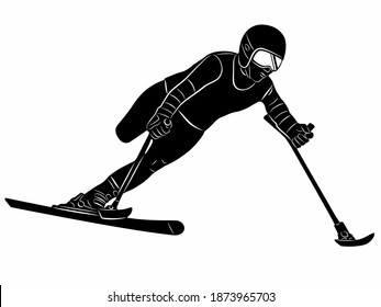 isolated illustration of a invalid skier, black and white drawing, white background