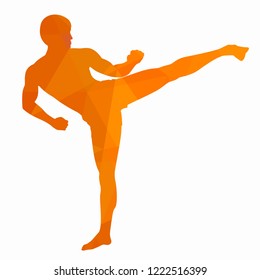 isolated illustration of a kickboxer, orange triangles drawing, white background