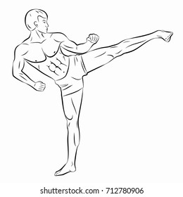 isolated illustration of a kickboxing, black and white  drawing, white background