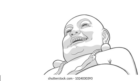 Isolated illustration of Laughing Buddha in black and white