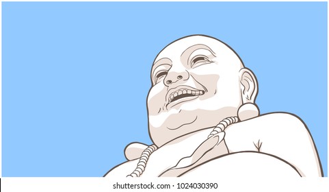 Isolated illustration of Laughing Buddha on blue background
