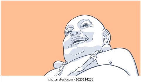 Isolated illustration of Laughing Buddha on orange background