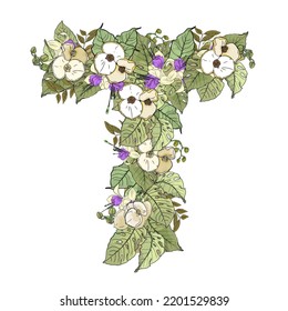 Isolated illustration letter T of the alphabet with tropical leaves and exotic flowers. Letter as a blank for designers, logo, icon, label, print