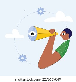 Isolated illustration of looking for opportunities, solutions, new business ideas or personnel.Right idea and decisions quest, point of view, business strategy vision, black man watching telescope. 