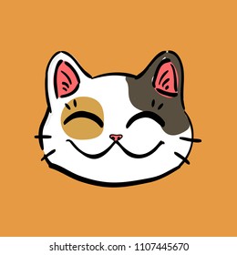 Isolated illustration of lucky cat (maneki neko) head. Concept design for greeting card or t shirt or so on