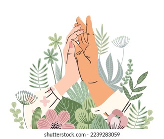 Isolated illustration with male and female hands. Love, love story, relationship. Vector design concept for Valentines Day and other use.