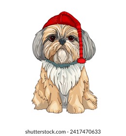 Isolated illustration of a Maltese Shih Tzu, a cute dog in a hat with a smile on a white background. Blank for designer, label, icon