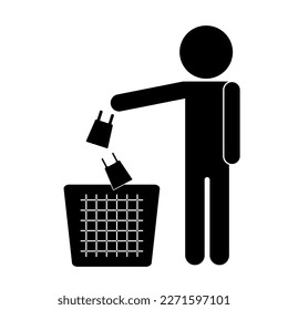 Isolated illustration of man black stick figure throw trash info trashbin, for tamplate Do not litter, keep it clean, prohibition sign. Vector illustration.