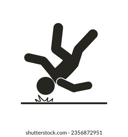 Isolated illustration of man falling from high surface, with head injury, for height fall risk safety danger sign