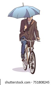 Isolated illustration of man riding bicycle while holding umbrella and wearing winter coat in color