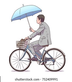 Isolated illustration of man riding bicycle while holding umbrella and wearing business suit in color