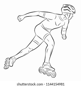 isolated illustration of man riding on skates . black and white drawing. white background