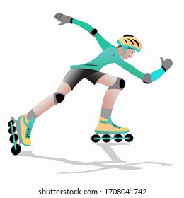 isolated illustration of man riding on skates . colored vector drawing. white background