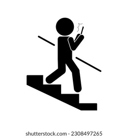 Isolated illustration of man stick figure walking down stair with hold or while use hand phone, for caution cell phone using restricted safety sign