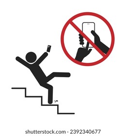 Isolated illustration of man stick figure walking down stair with hold or while use hand phone, no phone usage red circle crossed, for caution cell phone using restricted safety sign	