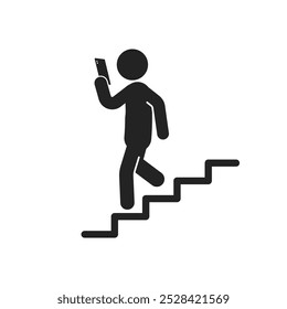 Ilustração isolada de homem figura de pau andando escada com retenção ou enquanto usar telefone de mão, para cuidado telefone celular usando sinal de segurança restrito