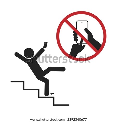 Isolated illustration of man stick figure walking down stair with hold or while use hand phone, no phone usage red circle crossed, for caution cell phone using restricted safety sign	