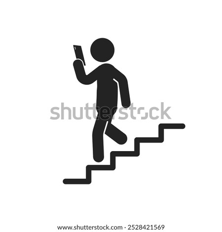 Isolated illustration of man stick figure walking down stair with hold or while use hand phone, for caution cell phone using restricted safety sign