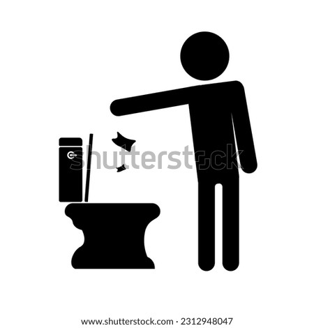 Isolated illustration of Man Throw Trash in Toilet Glyph Icon, Keep Clean Silhouette Sign. Allowed Throw Rubbish, Waste, Garbage in Bin Symbol. Warning Please Drop on WC