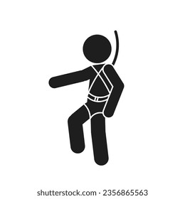 Isolated illustration of man wearing rope and body harness while climbing up, for safety instruction, high danger, industrial protection alert sign