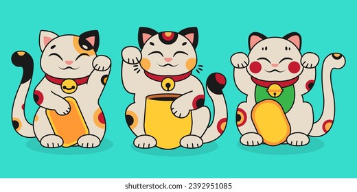 Isolated illustration of Maneki Neko. Three different characters of Asian happy cats. Japanese culture. Cartoon clipart. Vector illustration.