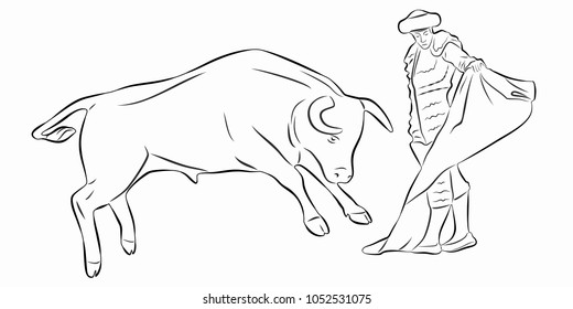 isolated illustration of matador and bull , black and white drawing, white background