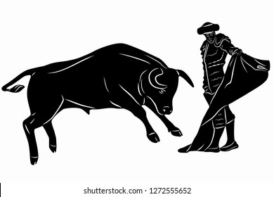 isolated illustration of matador and bull , black and white drawing, white background