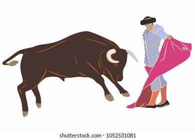 isolated illustration of matador and bull , colored drawing, white background