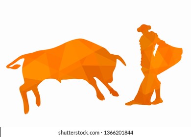 isolated illustration of matador and bull , orange triangles drawing, white background