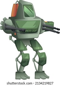 Isolated illustration of mecha combat robot armed with flamethrower and machine gun. 