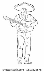 isolated illustration of a mexican guitarist playing, black and white vector drawing, white background