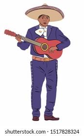 isolated illustration of a mexican guitarist playing, colored vector drawing, white background