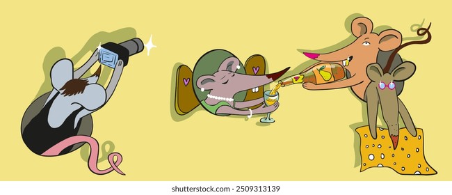 Ilustración aislada Ratones personajes establecidos en el Vector. Icono de objeto para la impresión del logotipo del diseño de la etiqueta engomada del cartel