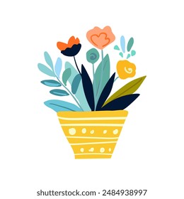 Ilustración aislada de flores delicadas minimalistas en una olla amarilla, diseñada en un estilo folclórico. Conveniente para la impresión, la decoración, la impresión del cartel, la decoración casera.