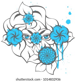 Isolated illustration with a mysterious blue eyes, flowers, blots and grey silhouette of leaves. Creative hand-drawn design for fashion, beauty, tattoo
