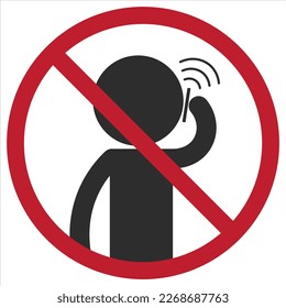 Isolated illustration of No phone sign. No talking and calling icon. Red cell prohibition. Vector black illustration in man calling with signal phone and red circle cross out, gas station safety sign