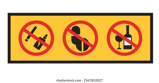 Isolated illustration no smoking, no drugs, no alcohol on yellow background