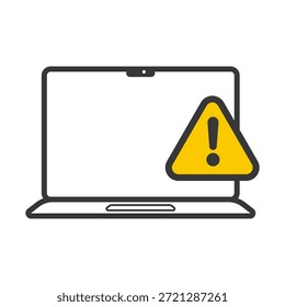 Ilustração isolada de notebook com triângulo de aviso amarelo e ponto de exclamação, símbolo de alerta, erro ou problema de segurança móvel.