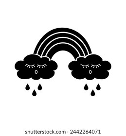 Ilustración aislada sobre fondo blanco, lindo arco iris y nubes durmientes personaje con lluvia en negro. 